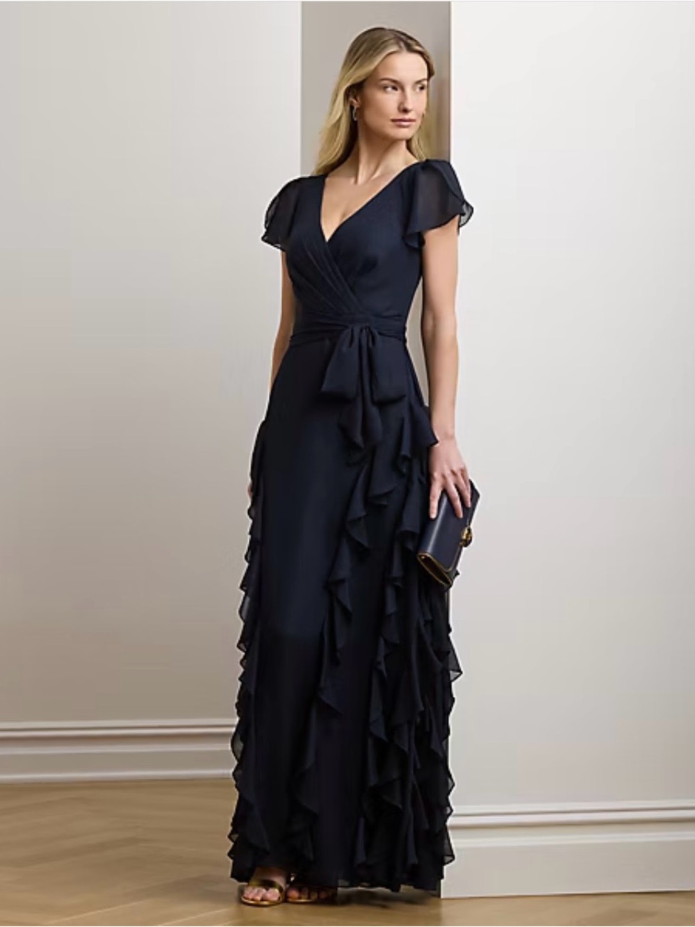 Lauren Ralph Lauren Women’s Navy Blue Ruffle Maxi Dress Size 18